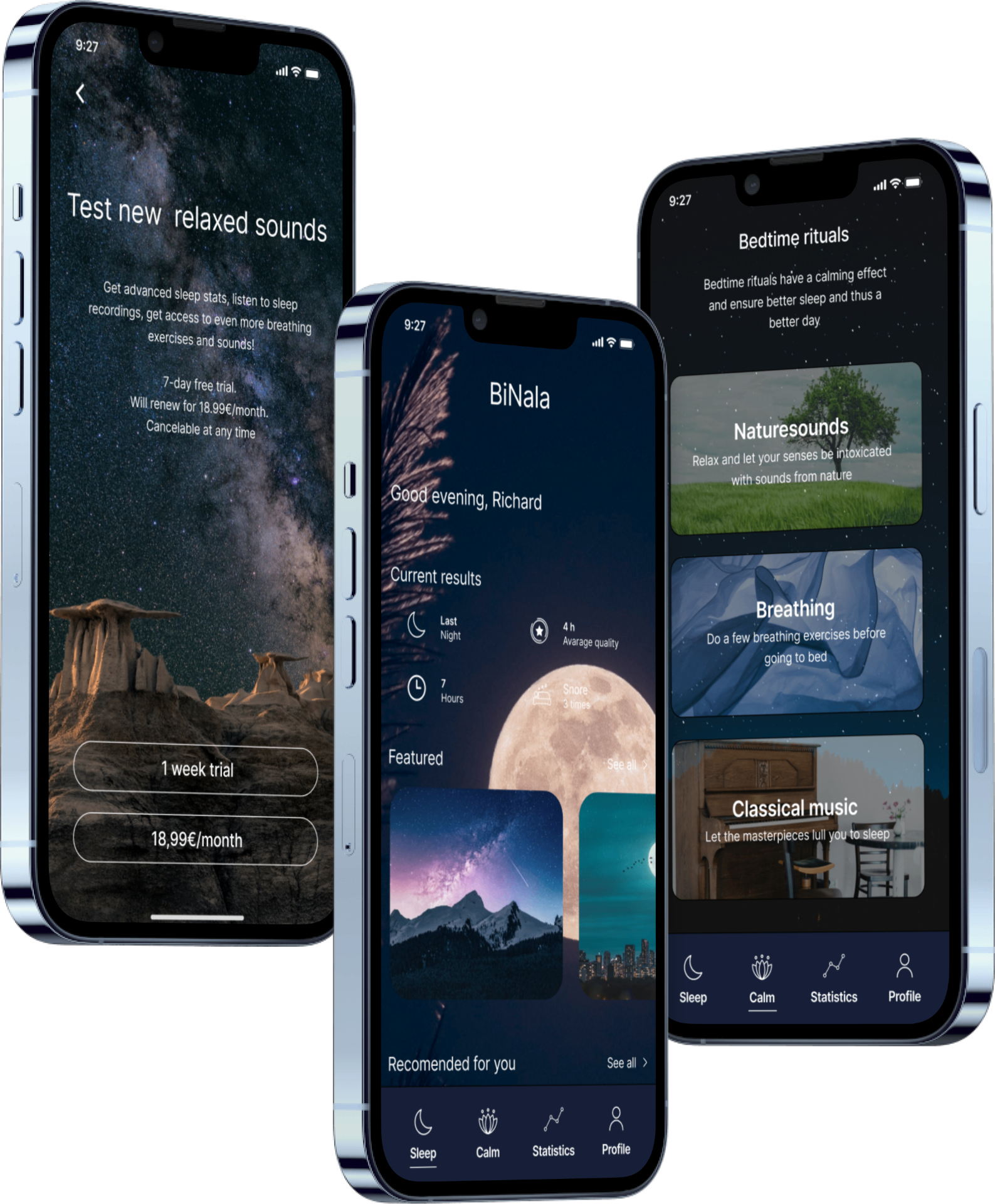 Binala onboarding, home and bedtime ritual screens