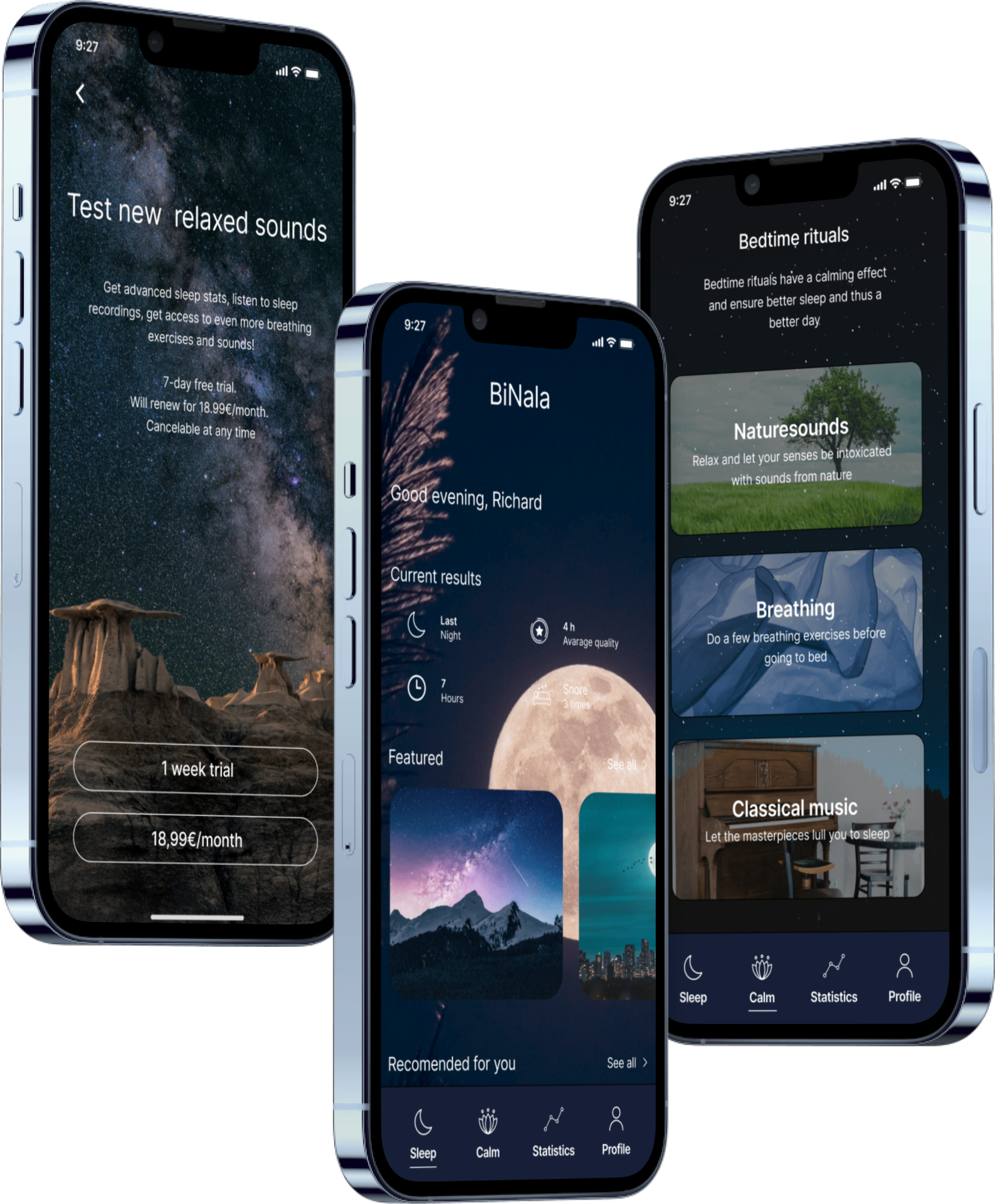 Binala onboarding, home and bedtime ritual screens
