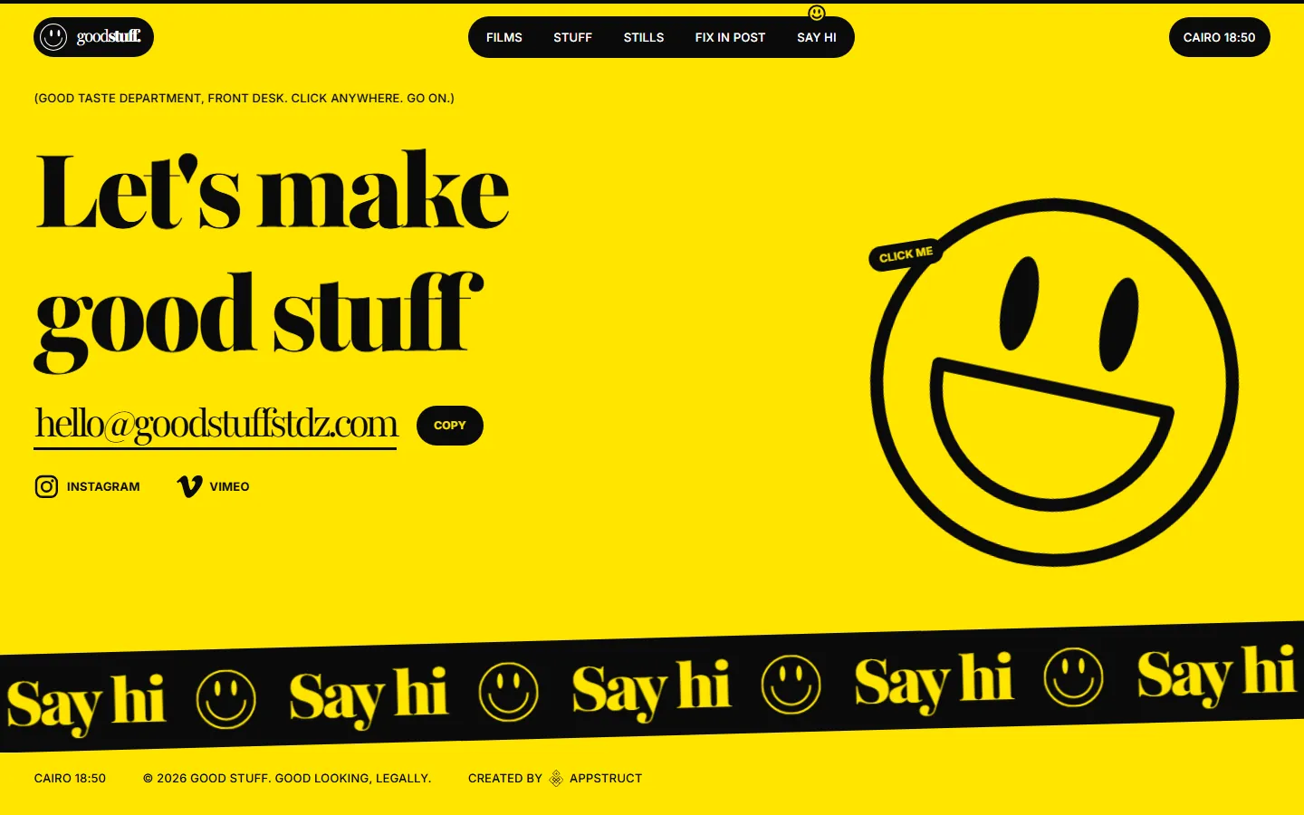The contact section: “Let’s make good stuff”, an email address with a copy button, and a large smiley