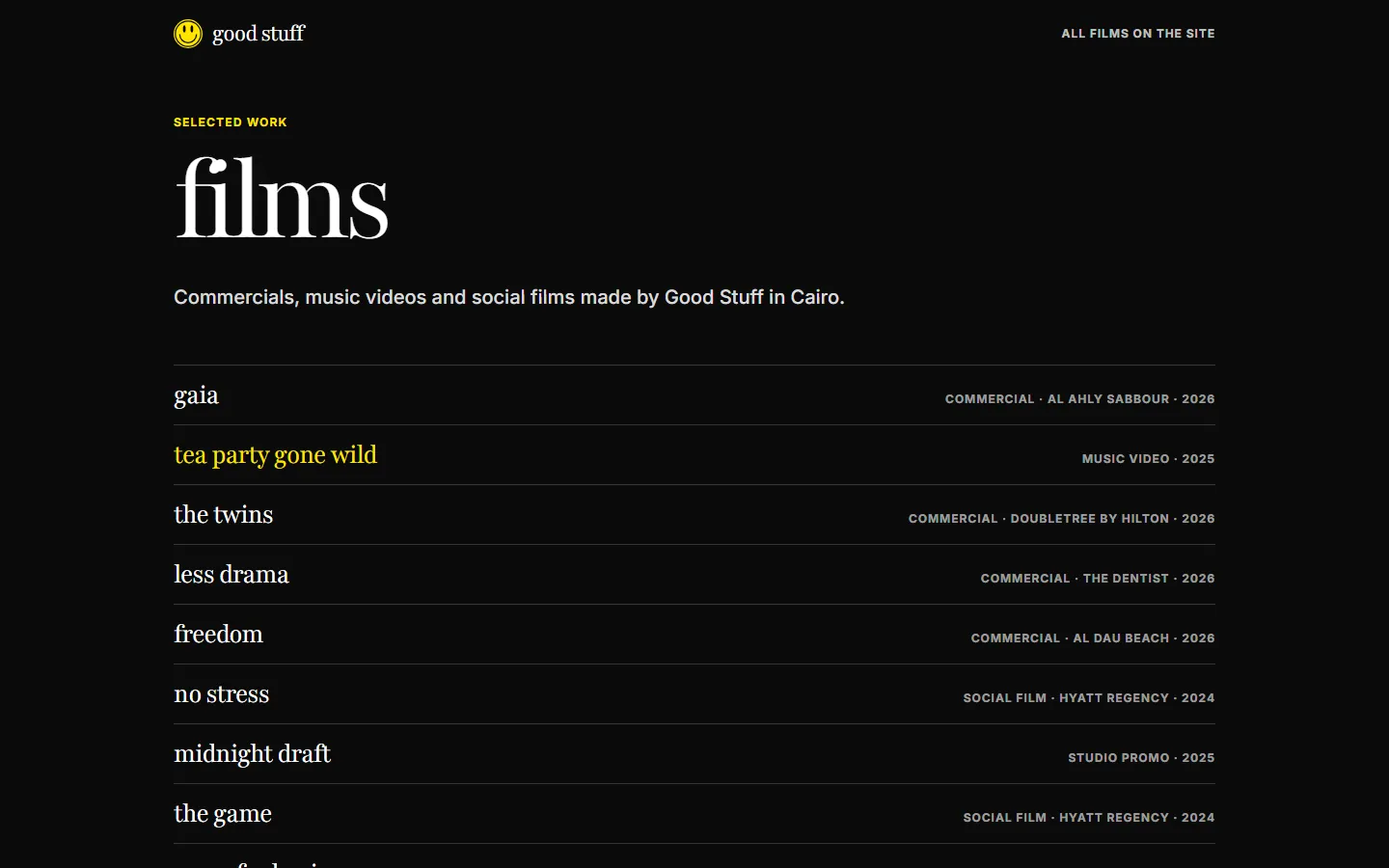 The plain film index: nine titles listed with type, client and year