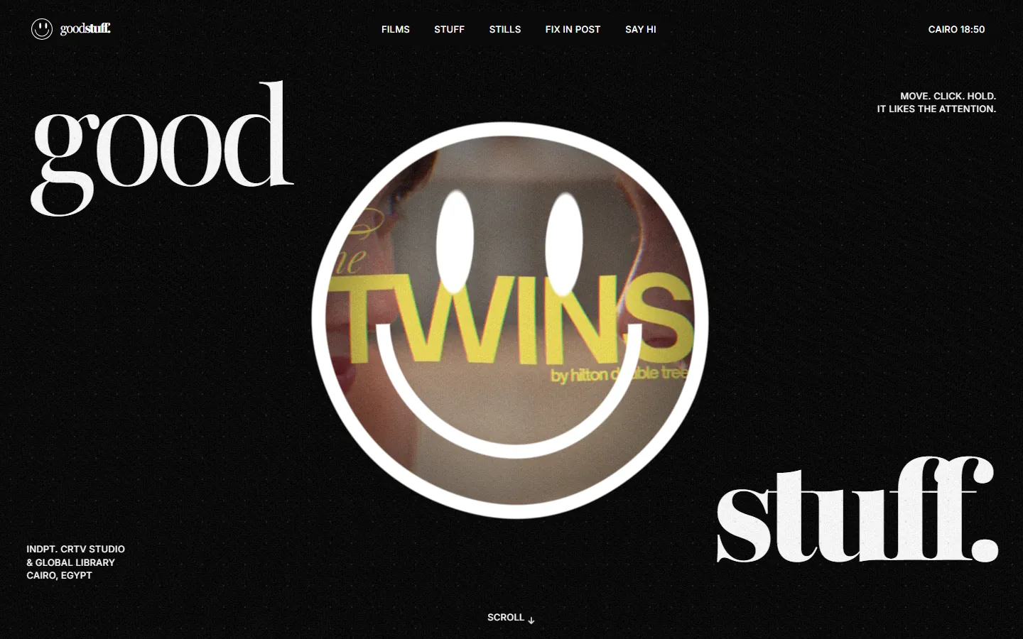 Good Stuff home page: films playing through a smiley cut out between the words good and stuff