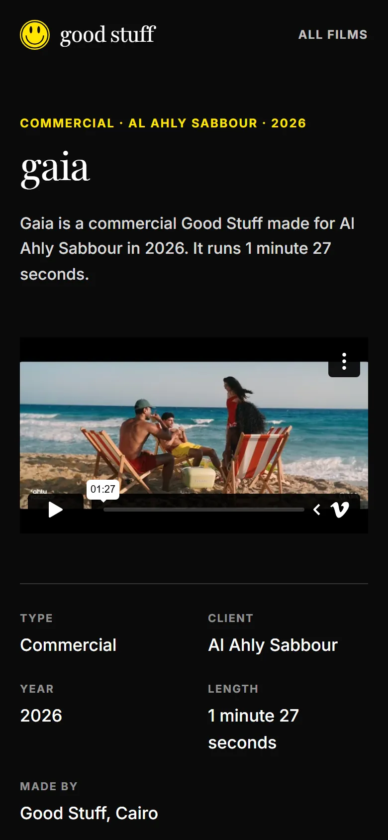 Good Stuff mobile film page for Gaia, with type, client, year and length