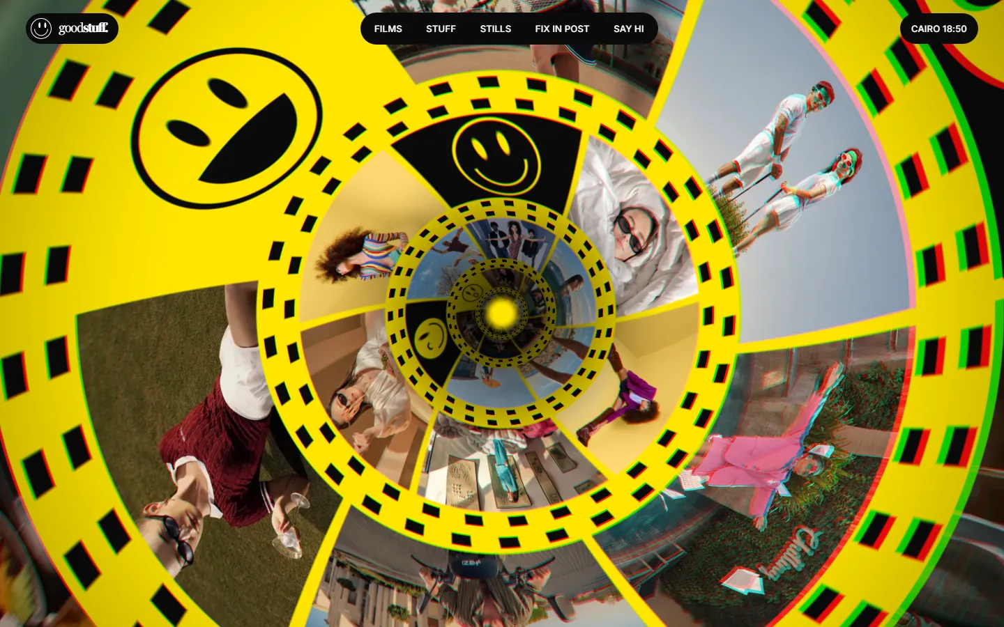 The reel section: film stills arranged as concentric rings of yellow film stock