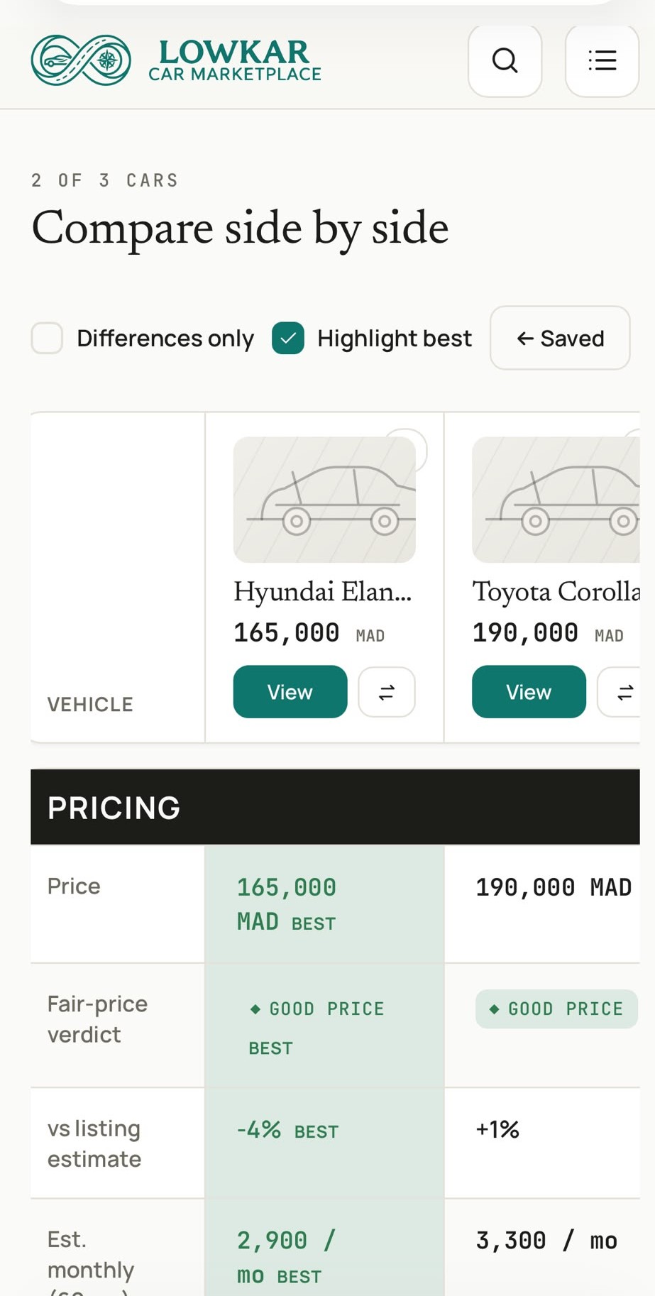 Lowkar side-by-side compare
