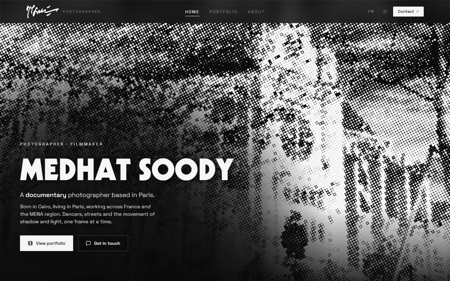 Medhat Soody portfolio home page with a halftone portrait