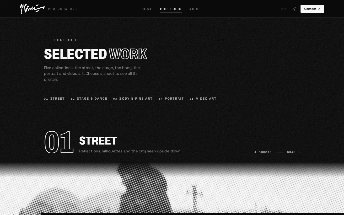 Portfolio page listing five collections as film strips